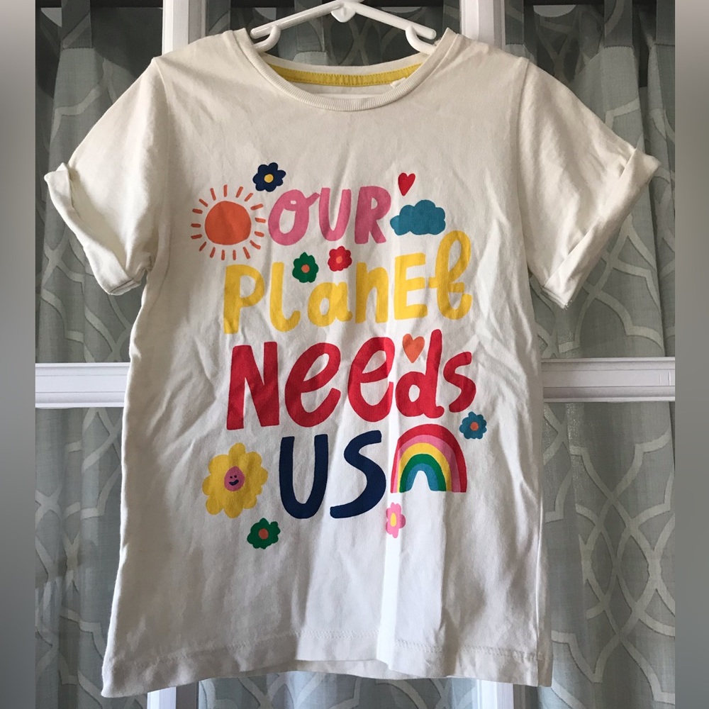 Boden size 7-8 years Our Planet Needs Us” 100% cotton t-shirt in EUC